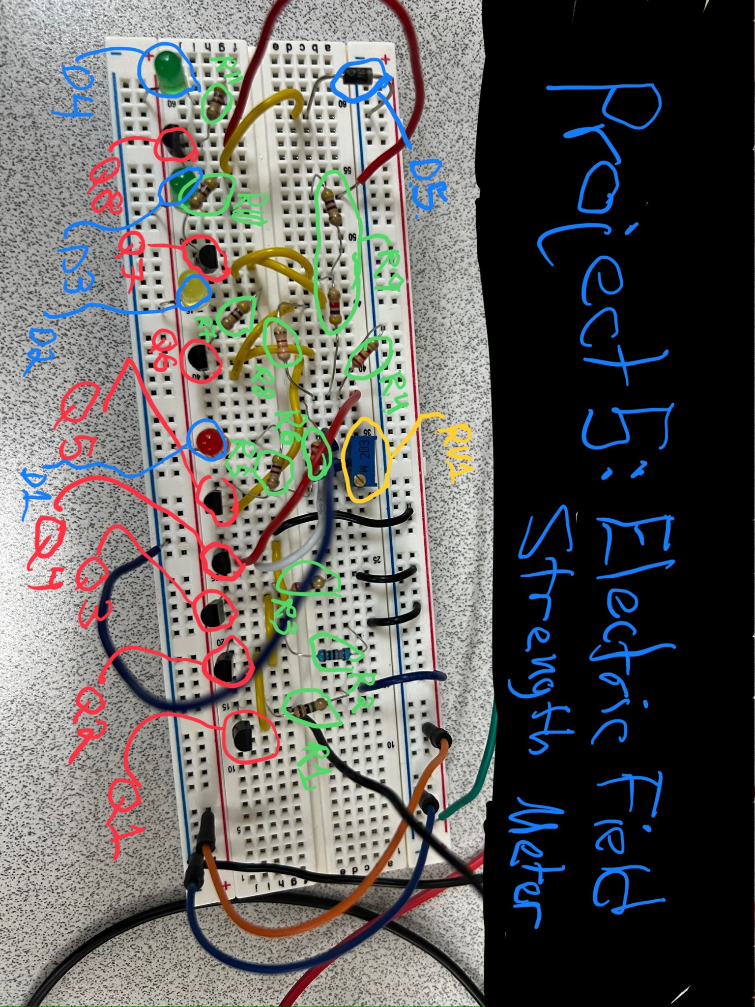 Annotated transistor breadboard prototype